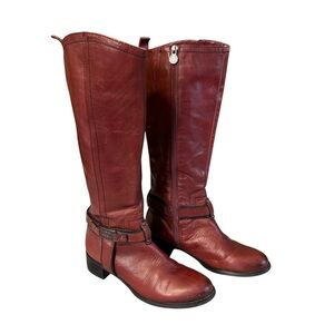 Etienne Aigner Oxblood Leather Tall Riding Boots Strap and Buckle Size 7.5 #1654